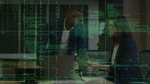 Diverse Business Team Analyzing Data with Digital Interface Overlay