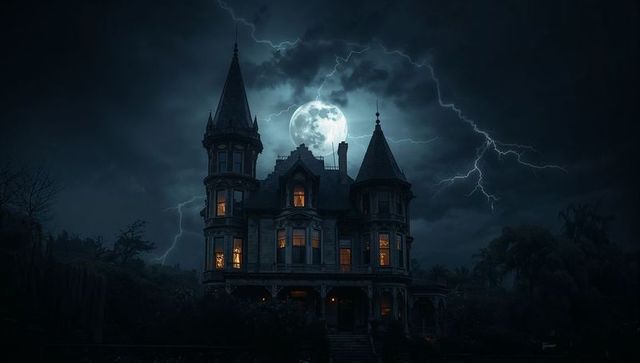 Gothic victorian mansion illuminated by storm and moonlight
