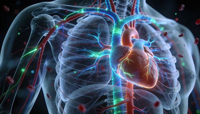 Glowing human heart and thoracic vessels with translucent lungs and circulating red blood cells