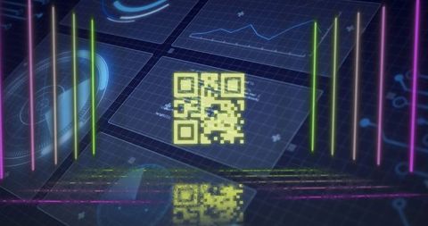Futuristic interface with glowing qr code and holographic charts
