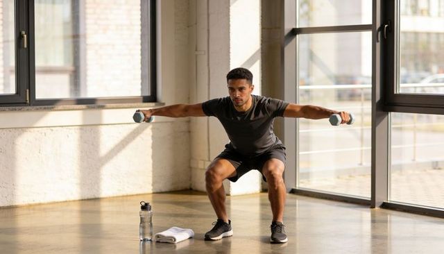 Man performing weighted squat with lateral dumbbell raises in sunlit urban fitness studio
