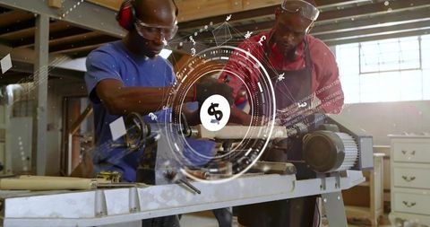 Mentoring apprentice turning wood on lathe in workshop with digital currency overlay