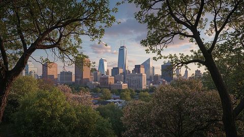 Charlotte city skyline framed by lush park foliage at sunset