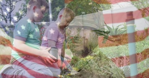 Two brothers planting sapling with patriotic flag overlay