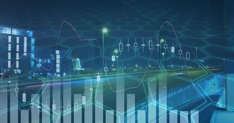 Data overlay on urban night skyline with digital interface concept