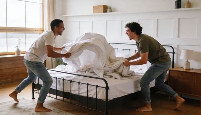 Two friends laughing and pulling duvet on bed in bright modern bedroom