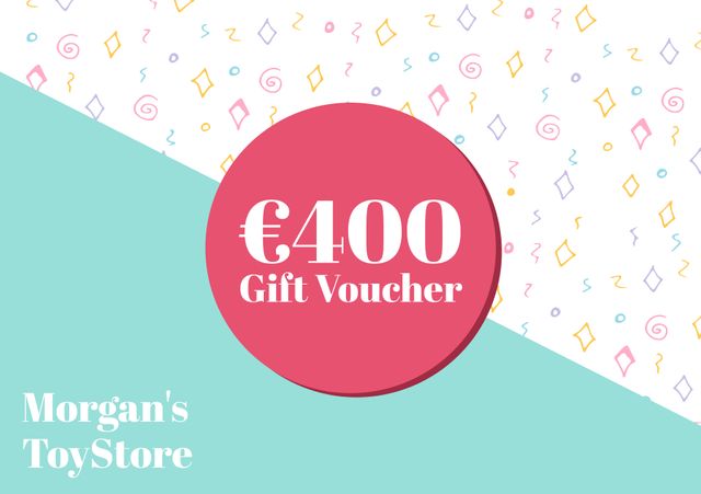 This illustration shows a 400 Euro gift voucher for Morgan's Toy Store, displayed in a pink circle on an abstract colorful confetti background. Ideal for promotions, holiday marketing, birthday gifts, and store advertisements, it conveys a joyful and playful atmosphere perfect for a children's store.