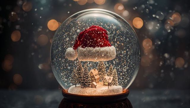 Glowing Christmas Snow Globe with Floating Santa Hat and Miniature Lit Winter Village