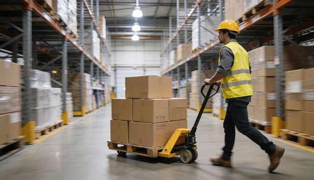 Warehouse worker pulling pallet jack with stacked boxes in modern distribution center