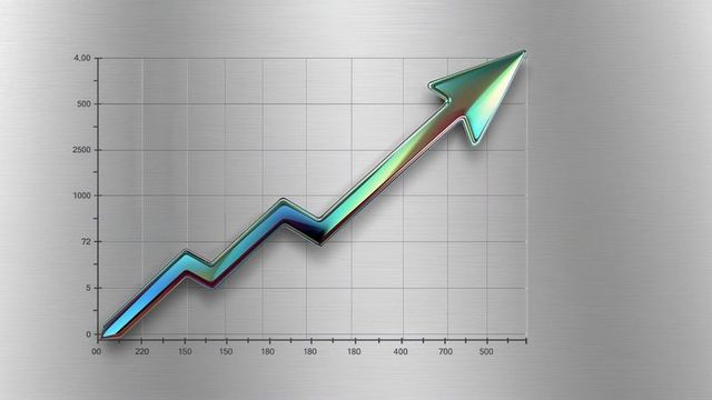 Iridescent upward trending arrow on brushed metal background