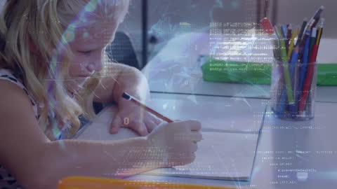 Child Writing Overlaid with Futuristic Data Visualization