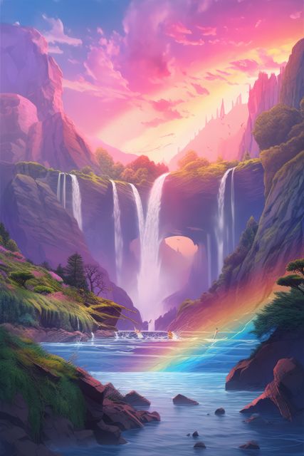 Depicting a mystical waterfall with vibrant hues under a colorful sunset sky. A tranquil scene accompanied by a rainbow near the water, offering a surreal and peaceful image ideal for use in fantasy landscapes, serene wallpapers, and nature-themed creative projects. Perfect for inspirational posters, greeting cards, or as illustrations in fantasy literature.