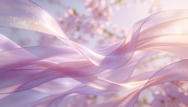 Ethereal flowing pastel ribbons with glitter highlights and cherry blossom bokeh