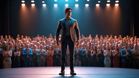 Confident male speaker in suit on stage facing audience during standing ovation