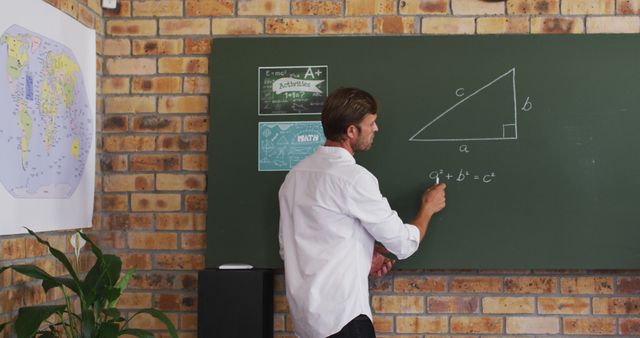 A teacher writing a Pythagorean theorem equation on a chalkboard, while explaining concept of right-angled triangle, in a classroom with a brick wall background. Suitable for educational articles, teacher resources, school presentations, and academic content.