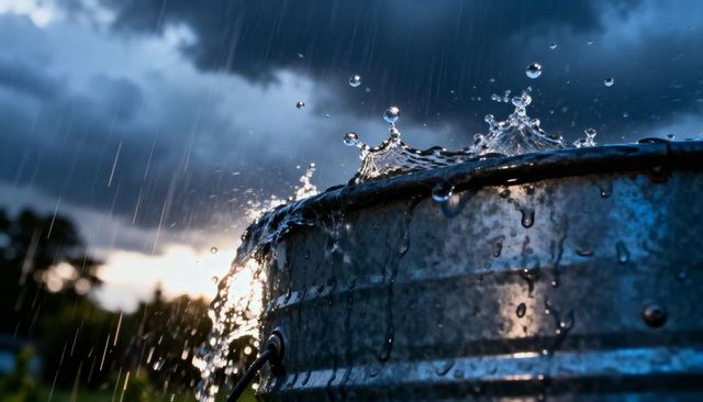 Backlit Rain Splashing Over Overflowing Galvanized Bucket During Storm at Dusk