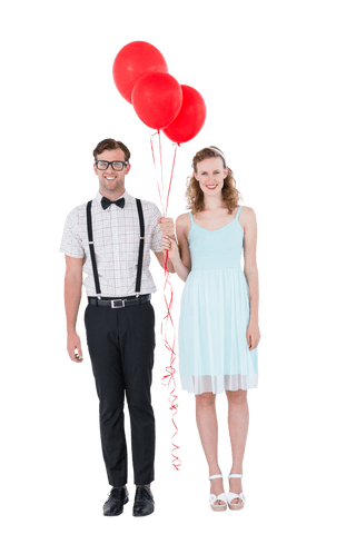 Playful Geeky Couple with Red Balloons on Transparent Background