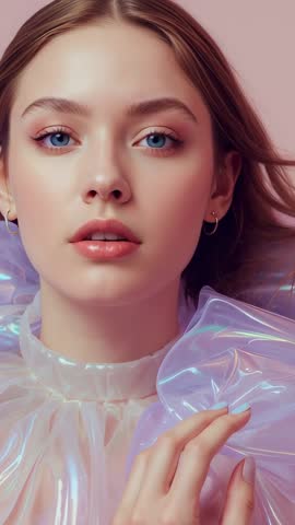 Vertical beauty video: breeze lifting hair while model adjusting iridescent collar on pink backdrop