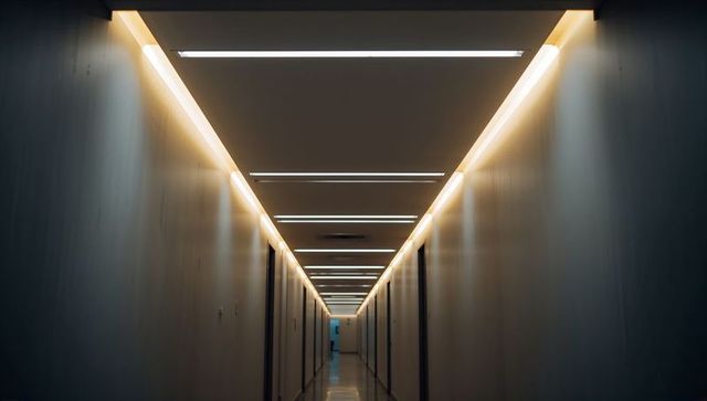 Minimal LED-Lit Office Corridor Stretching Toward Vanishing Point with Symmetric Ceiling Lines
