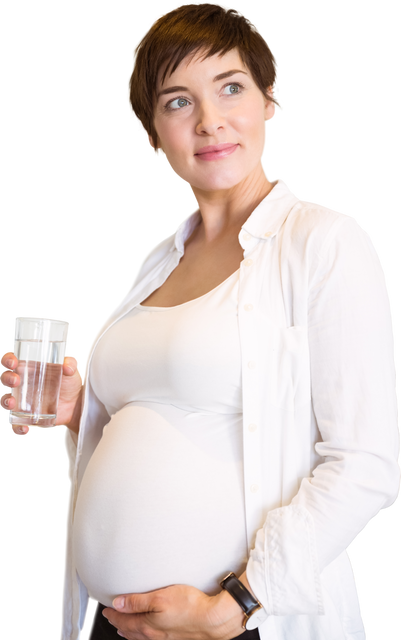 Pregnant woman with short hair wearing a white shirt. She is holding a glass of water and looking away, creating a sense of contemplation and calm. Ideal for medical, maternity care, health and wellness themes, promoting hydration and prenatal health.