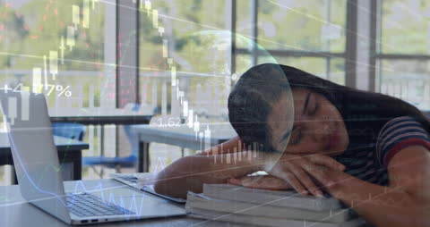 Tired Student Sleeping in Classroom with Global Finance Overlay