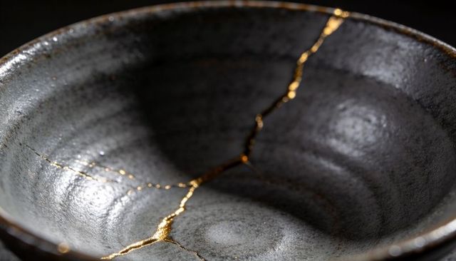 Kintsugi bowl showcasing gold-filled cracks on speckled grey ceramic vessel