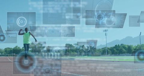 Athlete Running on Track with Digital Data Integration