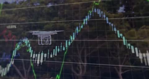 Drone Over Financial Chart with Forest in Background
