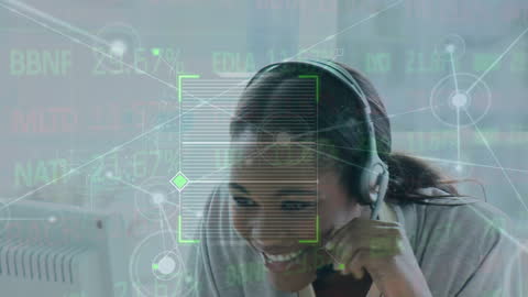 Smiling Customer Support Representative with Data Overlay