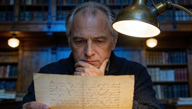 Senior scholar reading aged manuscript under brass desk lamp in historic library interior