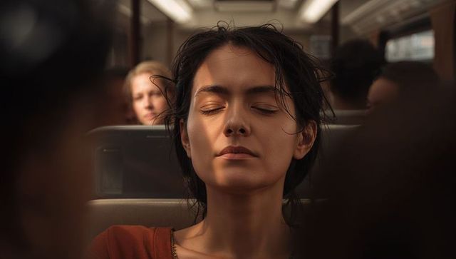 Young woman resting with eyes closed on train seat, basking in warm sunlight
