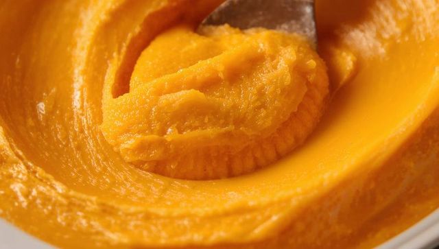 Scooping creamy pumpkin and sweet potato puree with spoon close-up, smooth glossy texture