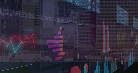 City Skyline with Financial Data Visualization Overlay
