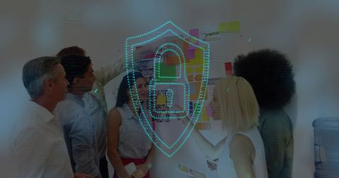 Diverse Team Discussing Strategy with Digital Security Overlay