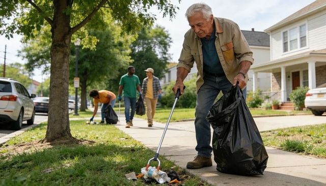 Senior man collecting litter with grabber and black bag during neighborhood cleanup