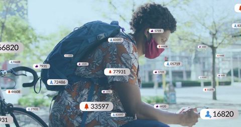 Modern Cyclist on Smartphone in City With Digital Icons