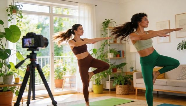 Two women practicing yoga balance poses at home with tripod camera recording for online class