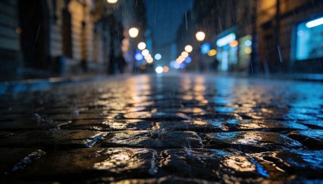 Rain-slicked cobblestone street reflecting neon and lamp lights, urban nighttime mood