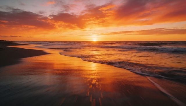 Sunset glow painting wet sand along curved shoreline with rolling ocean waves