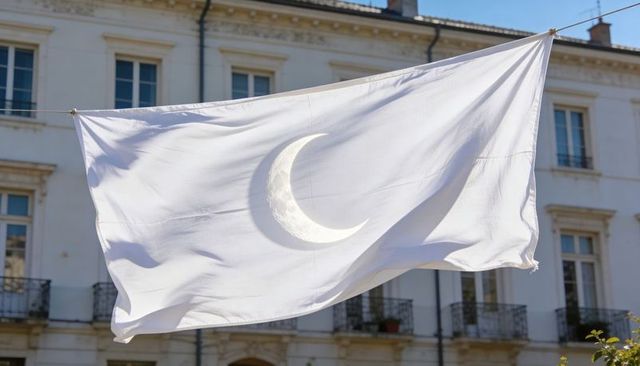 White flag with crescent moon billowing over classic european building facade in sunlight