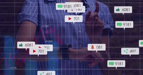 Woman Exploring Data Analytics Interfaces with Floating Icons