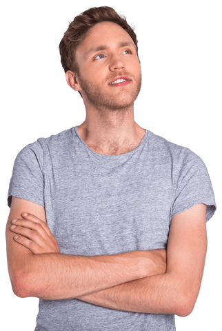 thoughtful young man looking up, arms crossed, gray shirt transparent background - Download Free Stock Videos Pikwizard.com