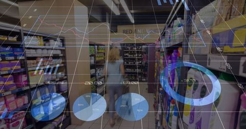 Female shopper navigating grocery aisle with augmented analytics overlay