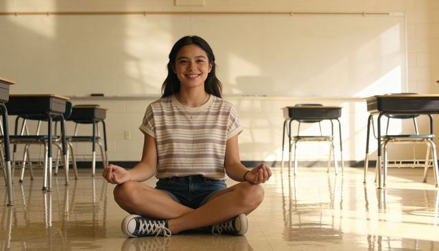 Asian teenage student meditating and smiling sitting cross-legged on classroom floor