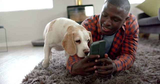 A man lies down on a soft carpet with a beagle dog looking curiously at the smartphone he is holding. This can be used in pet care promotions, technology and lifestyle blogs, and social media campaigns related to living with pets. It's also suitable for content focused on companionship, relaxation, and modern home life.