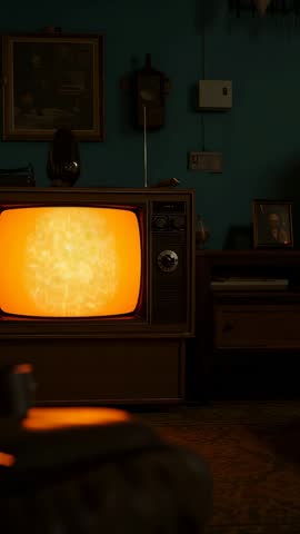 Vertical video flickering CRT static shifting into warm amber glow illuminating retro den