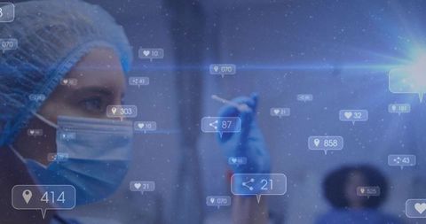 Female clinician examining sample with pipette amid augmented reality medical data overlay