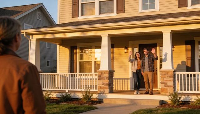 Young couple waving on porch steps welcoming visitor during golden hour suburban home