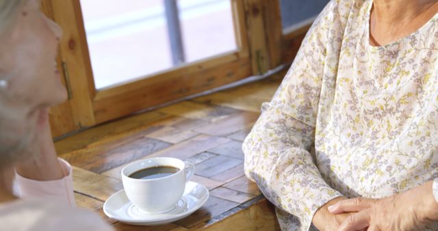 Two senior women are having a casual conversation over coffee near a window. They are seated by a wooden table in a cozy indoor setting. This is perfect for illustrating themes of friendship, elderly companionship, and relaxed, conversational moments. Suitable for use in articles, advertisements, or media promoting social connections among the elderly, café ambiance, or lifestyle stories.