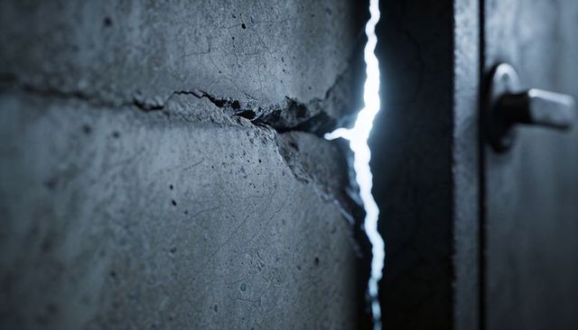 Cracked concrete wall with jagged light seam and metal latch in moody blue basement
